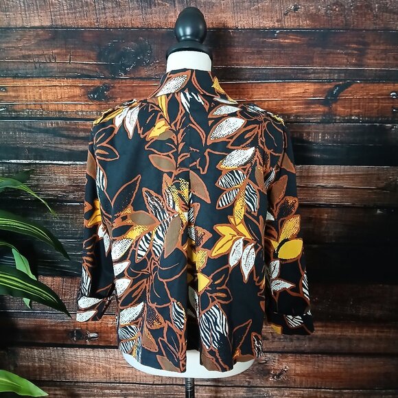 Ruby Rd Jacket Size 10 Cropped Cotton Blazer 3/4 Sleeve Urban Tribe Leaf Print - Picture 4 of 10